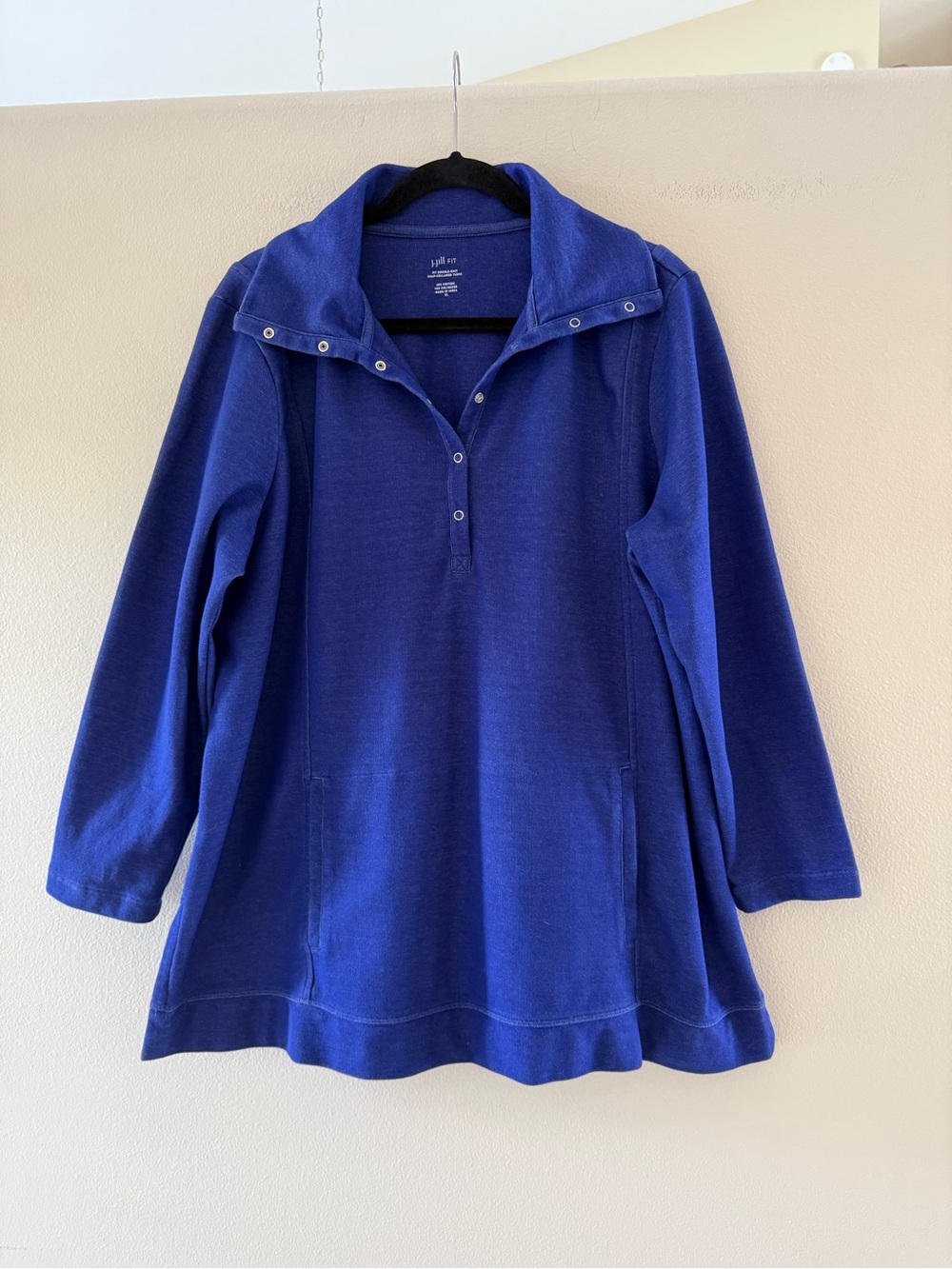 J. Jill Fit Snap Collared Double Knit Purple Blue Pullover Tunic With Pockets
